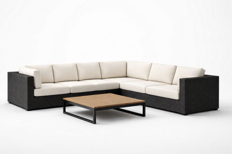 Divano angolare modulare da esterno in rattan sintetico con tavolino in legno e metallo