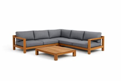 Set Divano Angolare in Legno con Tavolino e Cuscini Grigi