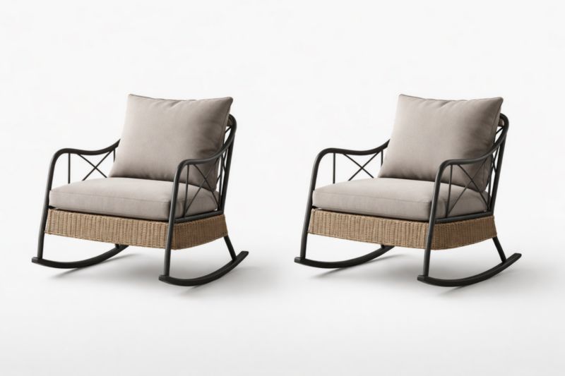 Set di 2 sedie a dondolo in metallo e rattan con cuscini grigi