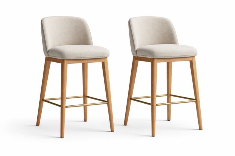 Set di 2 Sgabelli Alti in Tessuto e Legno Crema