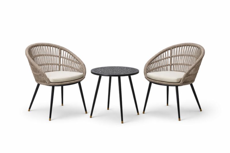 Set mobili da giardino in metallo e rattan con tavolo e 2 sedie Beige