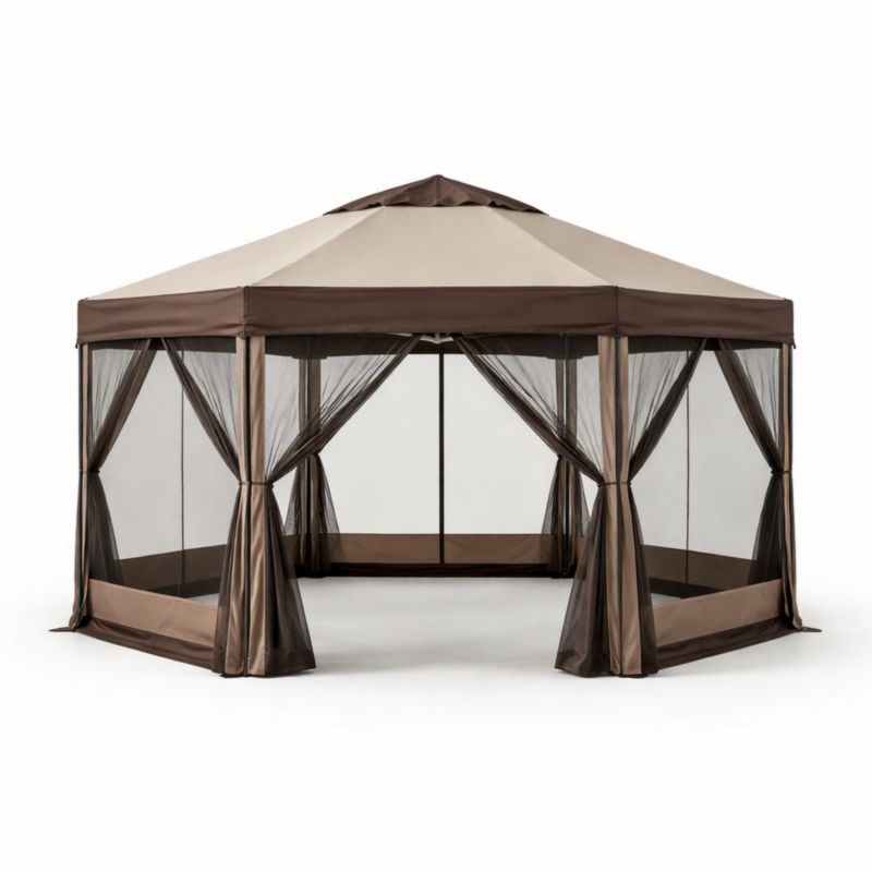 Tenda esagonale marrone con struttura in acciaio e telo in poliestere, dotata di zanzariera