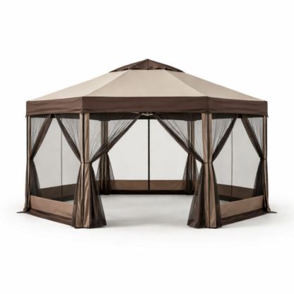 Tenda esagonale marrone con struttura in acciaio e telo in poliestere, dotata di zanzariera