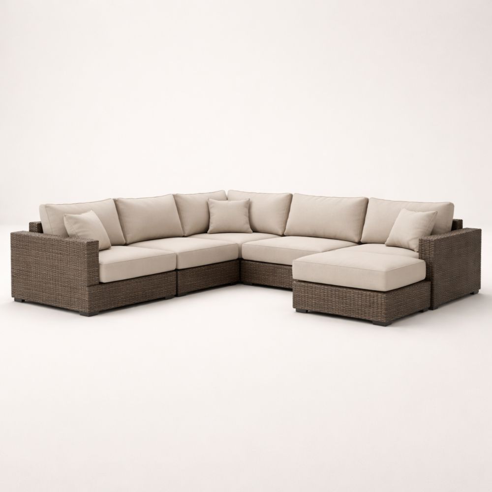 Divano angolare in rattan sintetico con cuscini poliestere beige