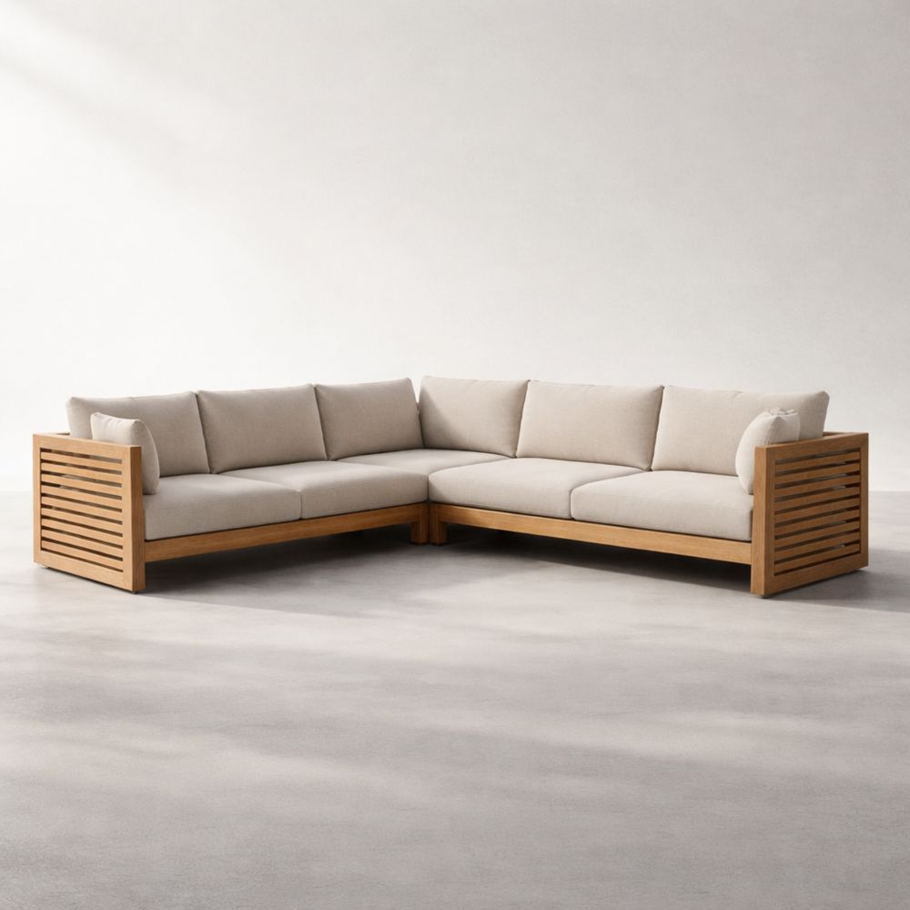 Divano angolare modulare in legno e tessuto beige