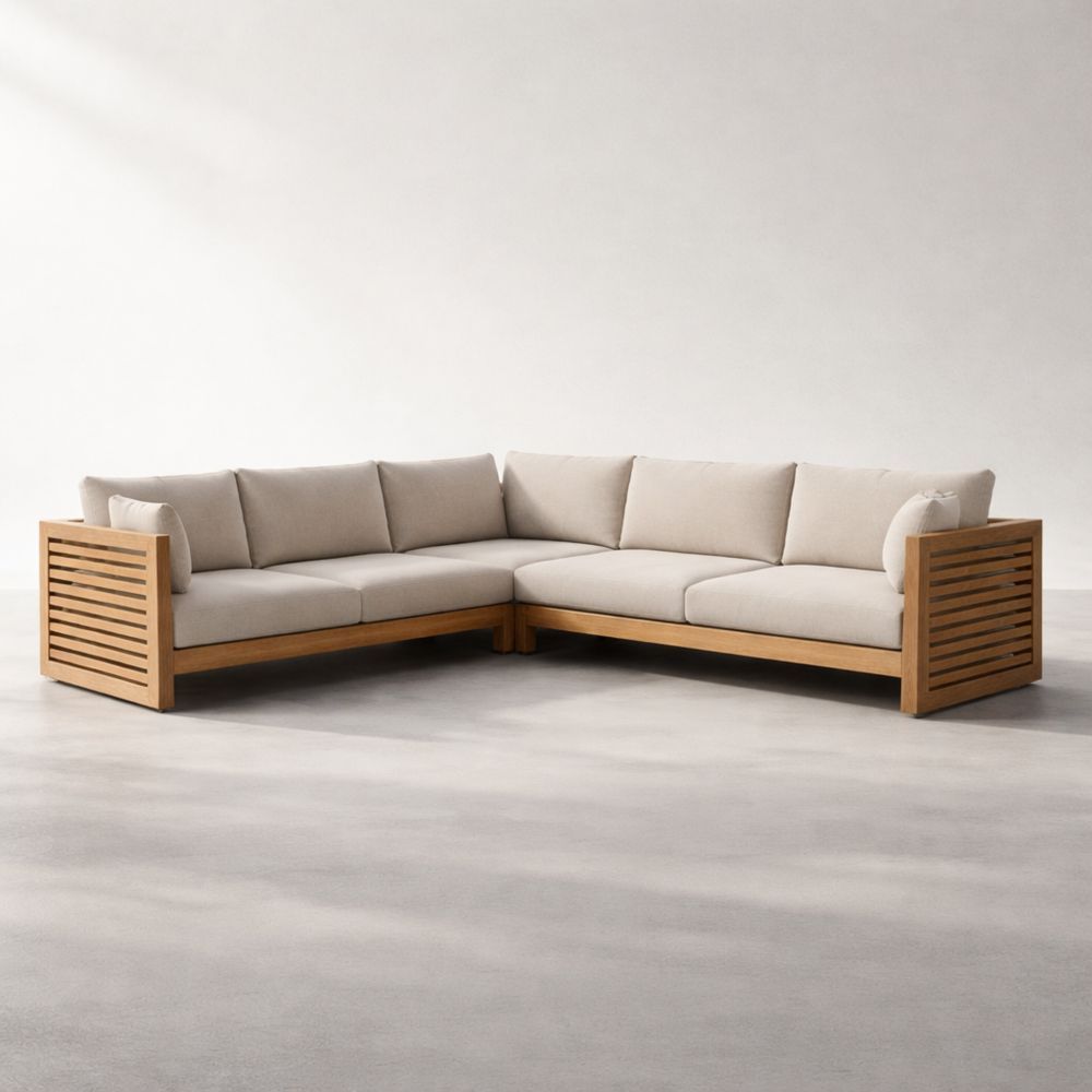 Divano angolare modulare in legno e tessuto beige