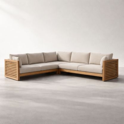 Divano angolare modulare in legno e tessuto beige