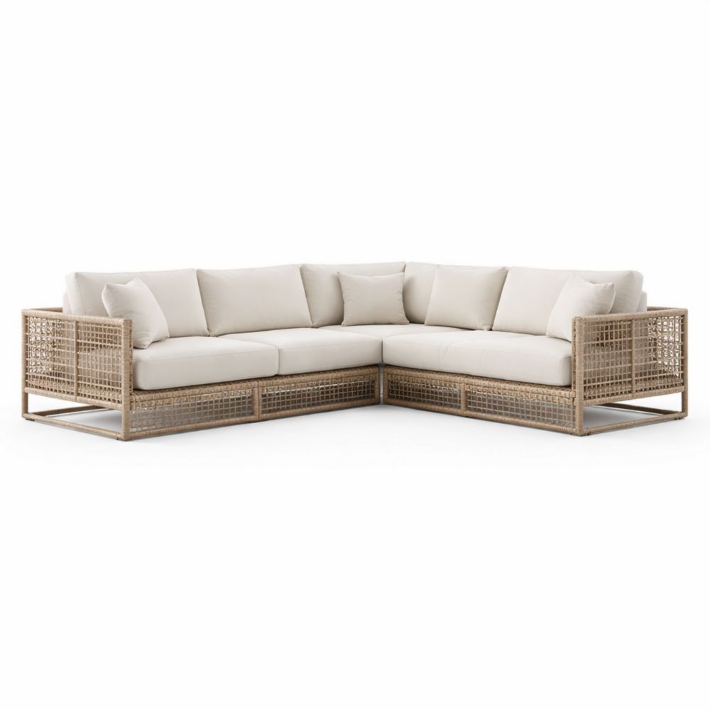 Divano angolare in rattan sintetico con cuscini sfoderabili beige