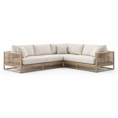 Divano angolare in rattan sintetico con cuscini sfoderabili beige