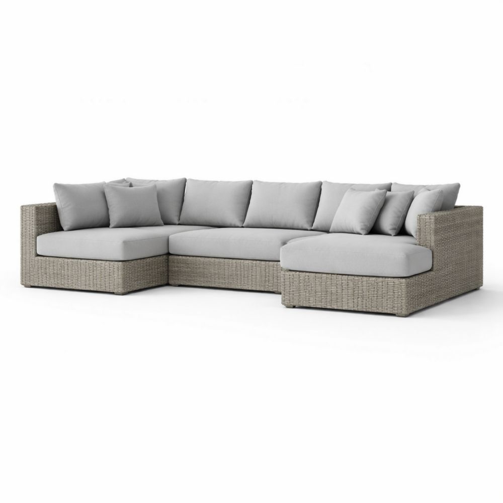 Divano ad Angolo Modulare in Rattan Grigio con Cuscini in Tessuto Grigio Chiaro