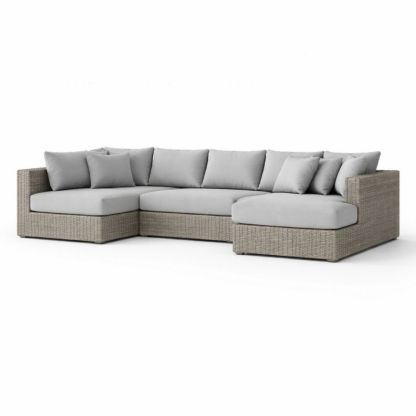 Divano ad Angolo Modulare in Rattan Grigio con Cuscini in Tessuto Grigio Chiaro