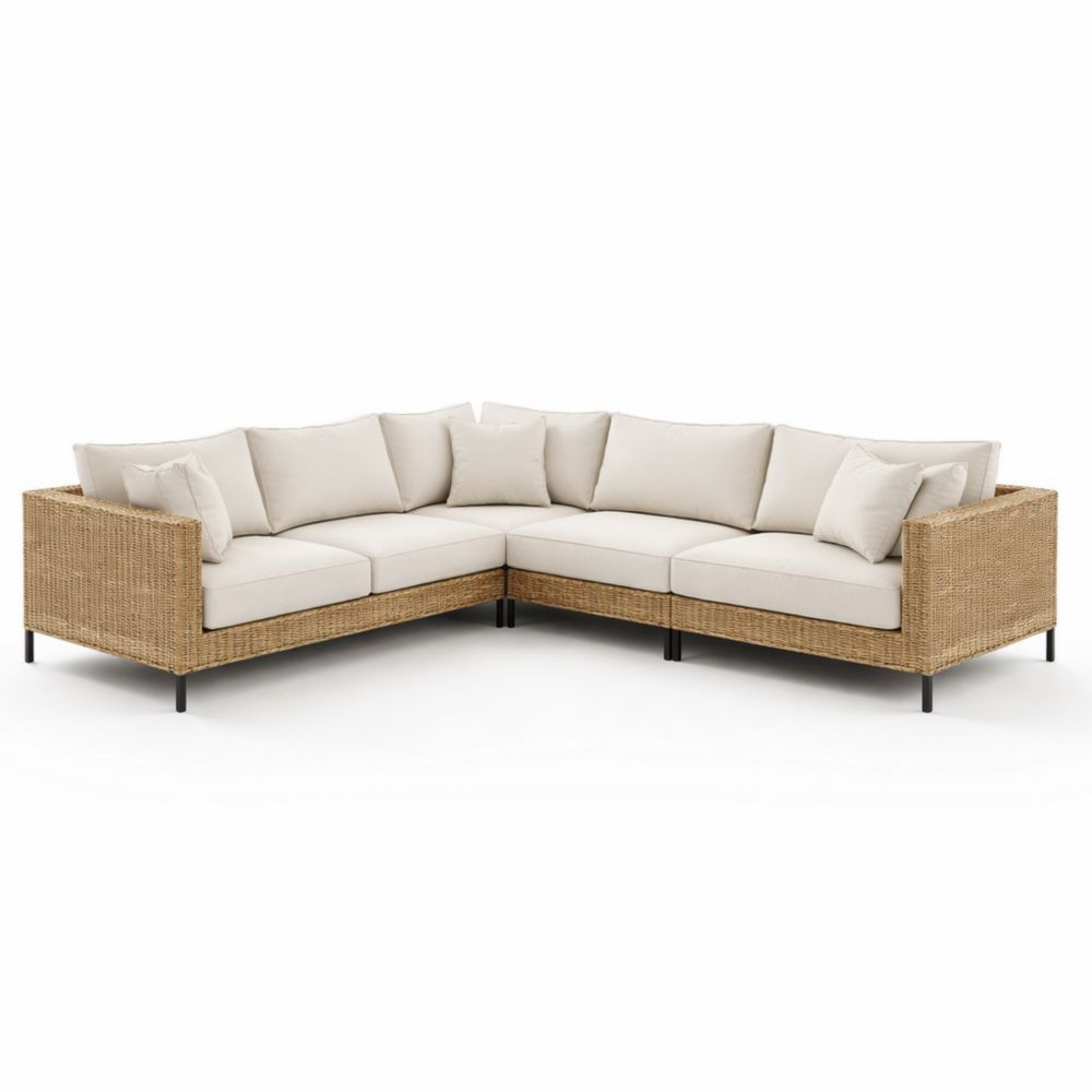 Divano Angolare in Rattan con Cuscini Beige