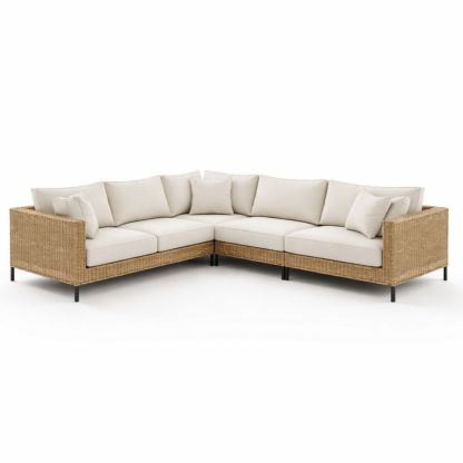 Divano Angolare in Rattan con Cuscini Beige