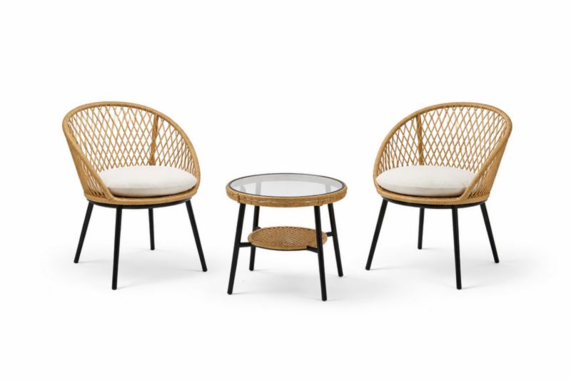 Set da giardino in rattan con tavolo in vetro temperato e sedie, struttura in metallo nero, cuscini beige