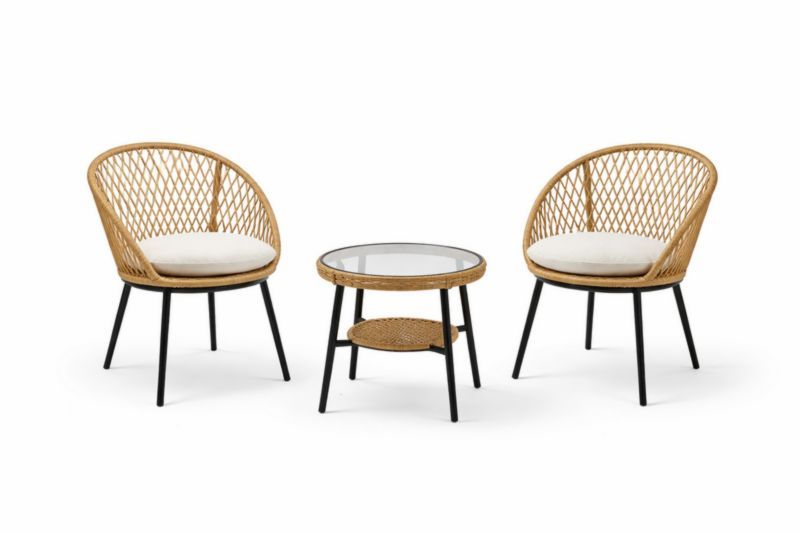 Set da giardino in rattan con tavolo in vetro temperato e sedie, struttura in metallo nero, cuscini beige