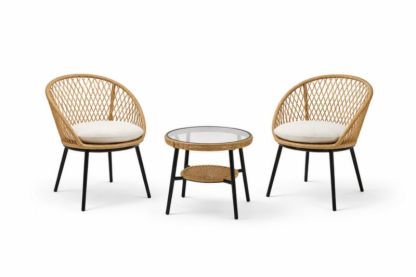 Set da giardino in rattan con tavolo in vetro temperato e sedie, struttura in metallo nero, cuscini beige