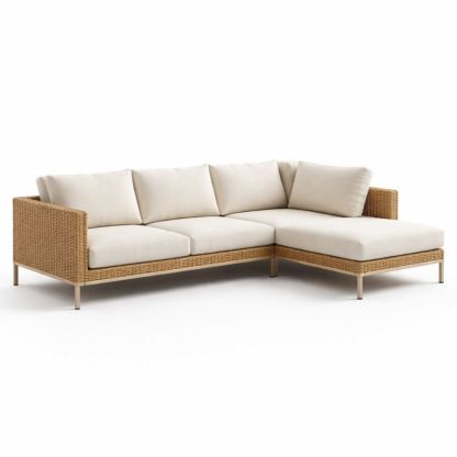 Divano angolare in rattan con cuscini in poliestere e struttura in metallo