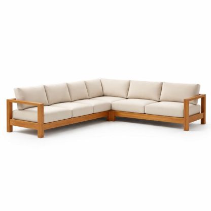 Divano angolare in legno con cuscini beige