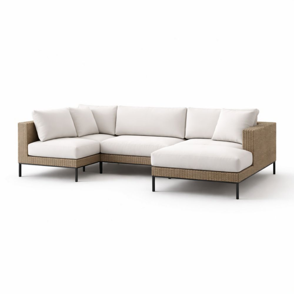 Divano ad Angolo in Rattan con Cuscini in Poliestere