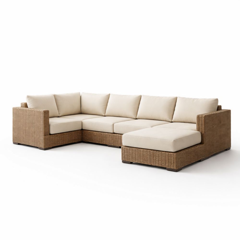 Divano Angolare in Rattan Sintetico con Cuscini in Poliestere Beige