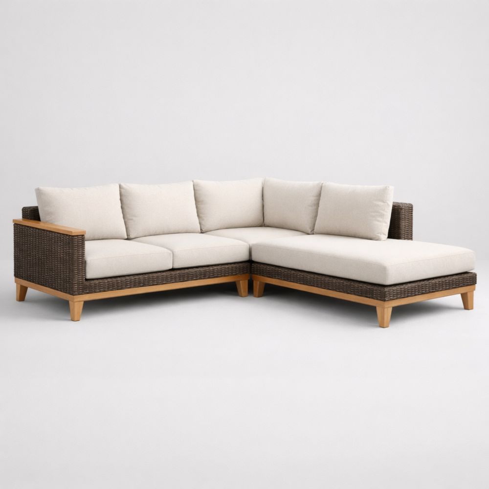 Divano ad Angolo in Rattan Marrone con Cuscini Beige