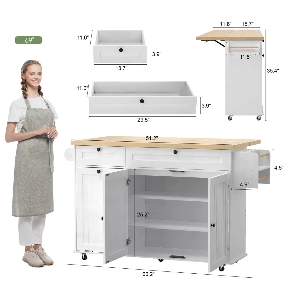Isla de cocina de 60" / 81.7" con toma de corriente y ala abatible; isla de cocina con ruedas, especiero, toallero y portacuchillos; carrito de isla con gabinete para almacenamiento de basura; mesa isla móvil para cocina.