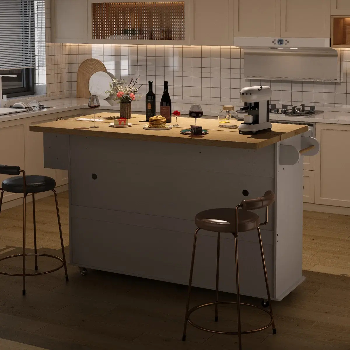 Isla de cocina de 60" / 81.7" con toma de corriente y ala abatible; isla de cocina con ruedas, especiero, toallero y portacuchillos; carrito de isla con gabinete para almacenamiento de basura; mesa isla móvil para cocina.