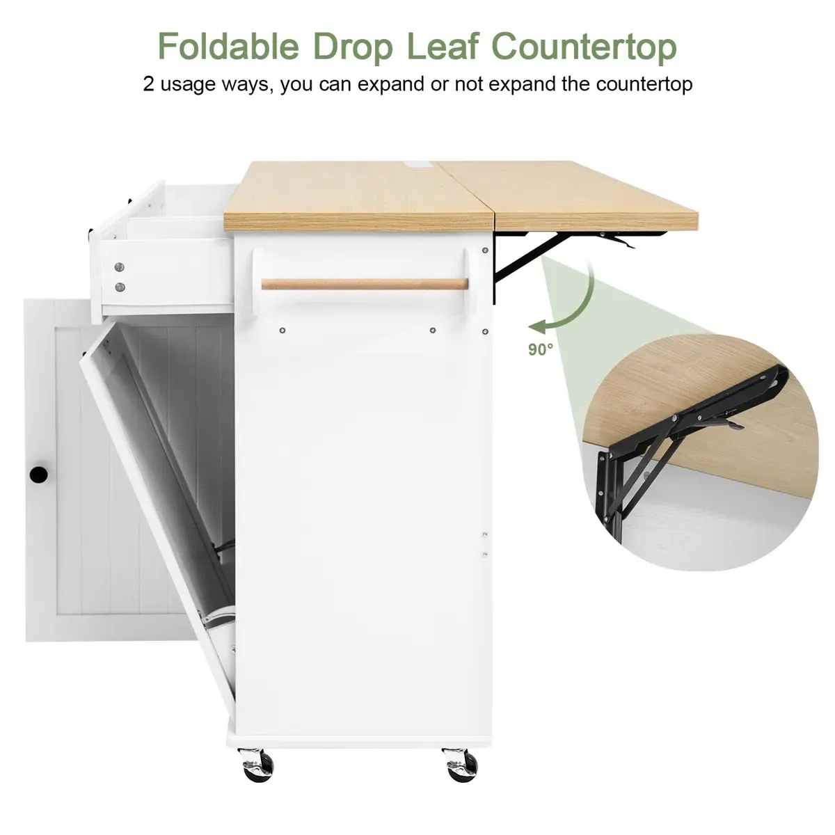 Isla de cocina de 60" / 81.7" con toma de corriente y ala abatible; isla de cocina con ruedas, especiero, toallero y portacuchillos; carrito de isla con gabinete para almacenamiento de basura; mesa isla móvil para cocina.