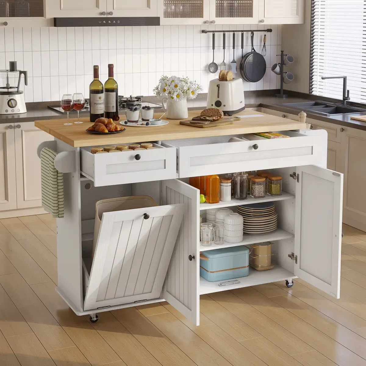 Isla de cocina de 60" / 81.7" con toma de corriente y ala abatible; isla de cocina con ruedas, especiero, toallero y portacuchillos; carrito de isla con gabinete para almacenamiento de basura; mesa isla móvil para cocina.