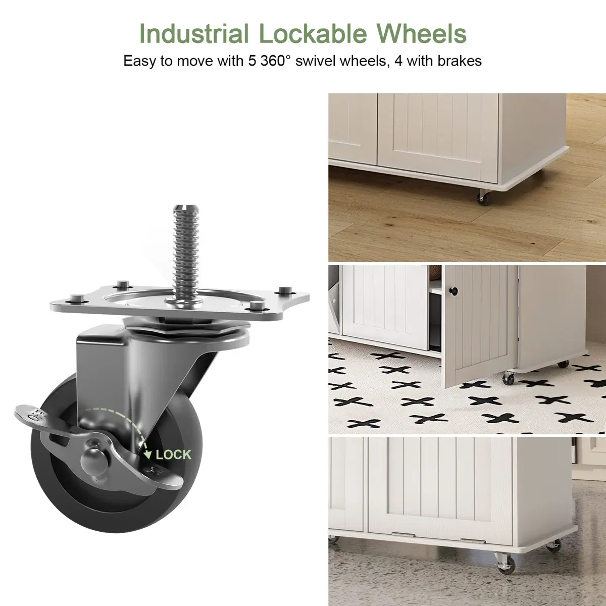 Isla de cocina de 60" / 81.7" con toma de corriente y ala abatible; isla de cocina con ruedas, especiero, toallero y portacuchillos; carrito de isla con gabinete para almacenamiento de basura; mesa isla móvil para cocina.