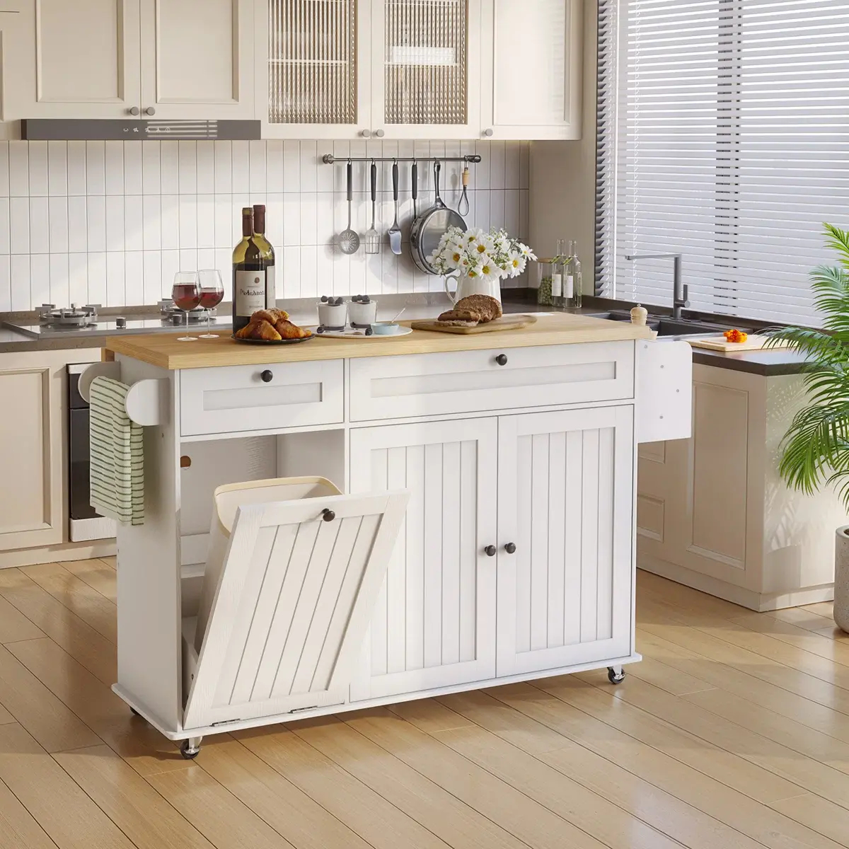 Isla de cocina de 60" / 81.7" con toma de corriente y ala abatible; isla de cocina con ruedas, especiero, toallero y portacuchillos; carrito de isla con gabinete para almacenamiento de basura; mesa isla móvil para cocina.