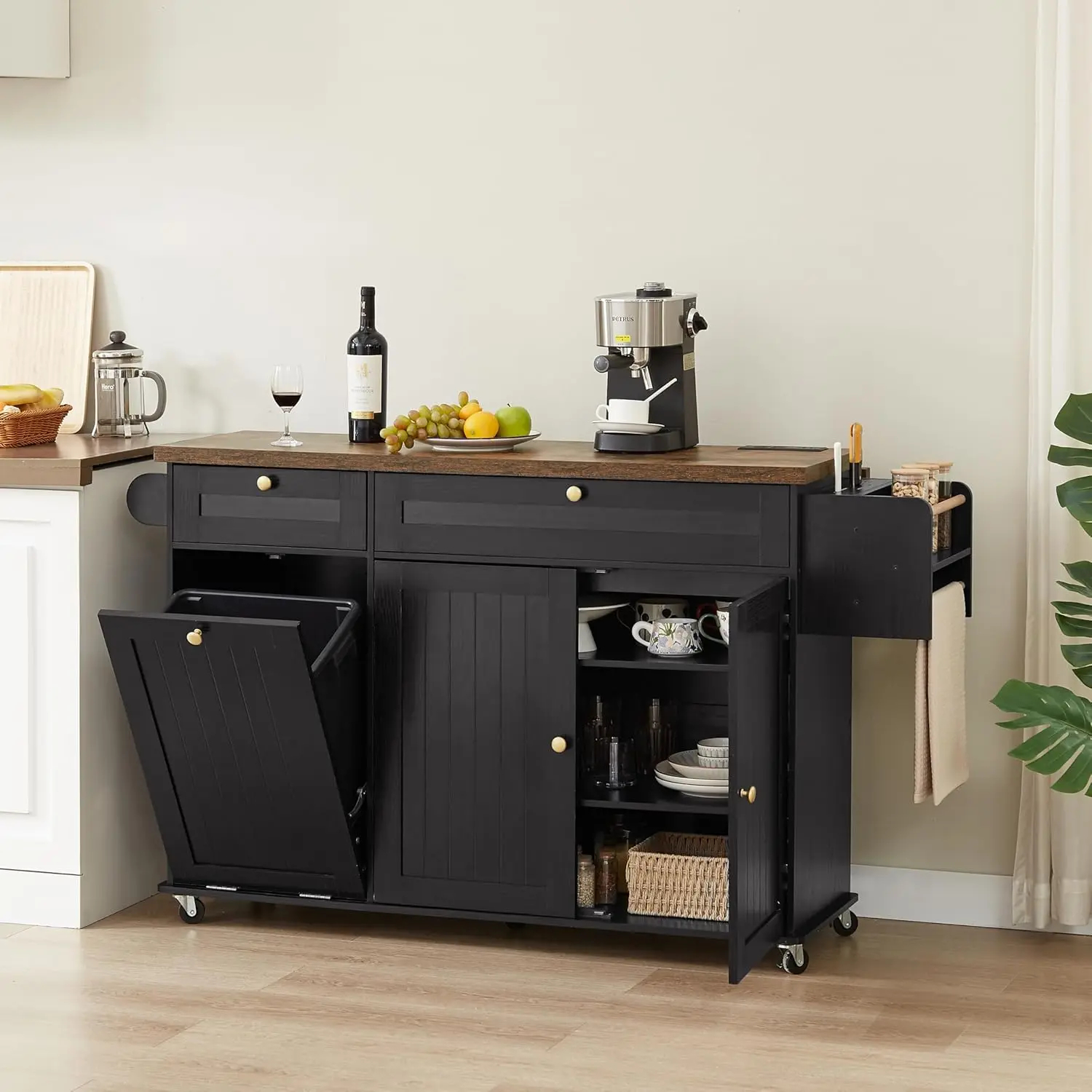 Isla de cocina de 60" / 81.7" con toma de corriente y ala abatible; isla de cocina con ruedas, especiero, toallero y portacuchillos; carrito de isla con gabinete para almacenamiento de basura; mesa isla móvil para cocina.