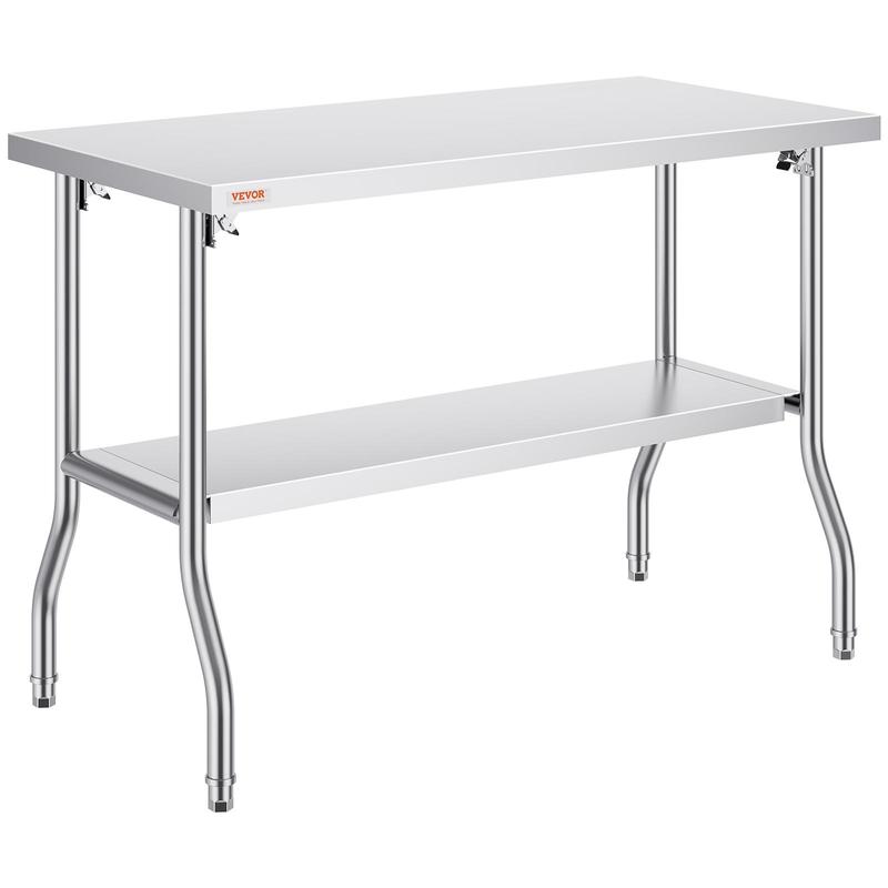 VEVOR Folding Commercial Prep Table, 48 x 24 Inch Commercial Worktable Workstation with Undershelf, Heavy-duty Stainless Steel Folding Table with 300 lbs Load, for Home Kitchen Restaurant Garage