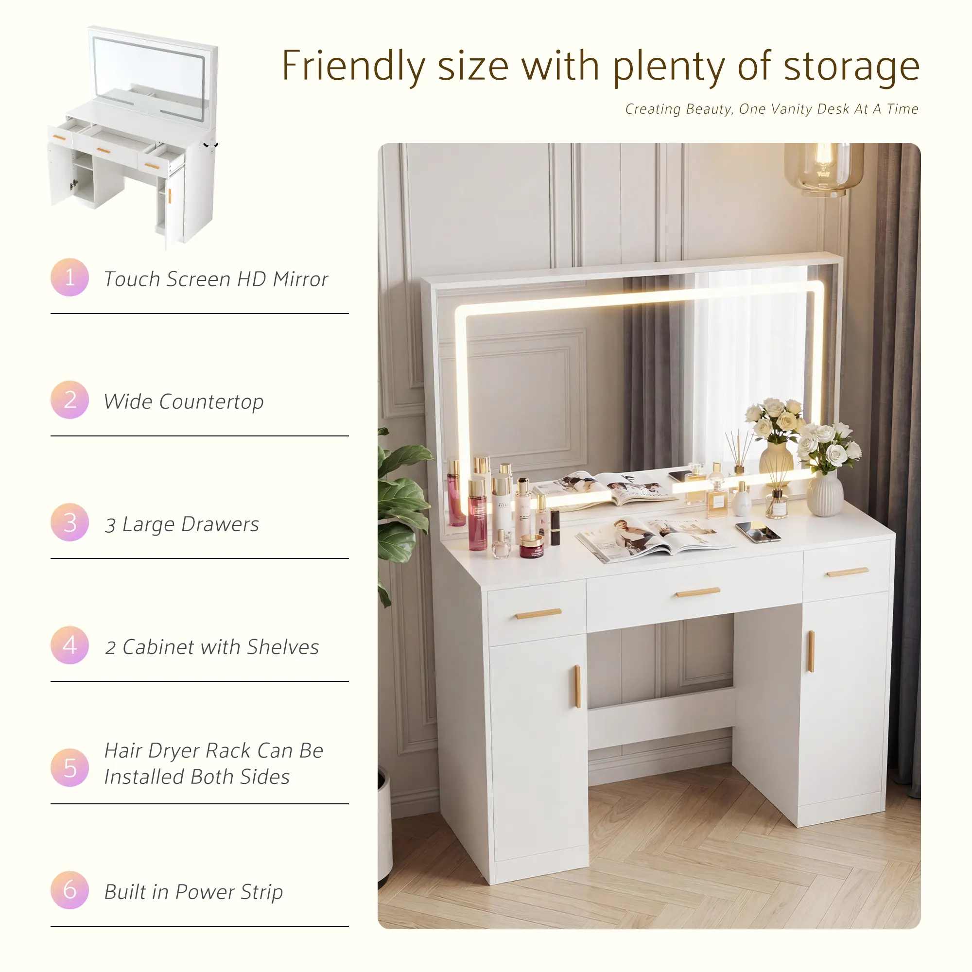 Tocador blanco con espejo iluminado y toma de corriente, tocador de maquillaje con 3 cajones y soporte, para dormitorio de chicas.