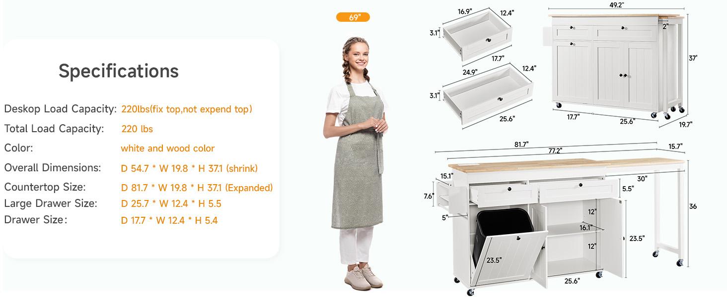 【SPRING GLOW UP】ONBRILL 60" / 81.7" Kitchen Island with Power Outlet & Drop Leaf, Kitchen Rolling Island with Spice Rack & Towel Rack, Knife Holder, Kitchen Island Cart with Trash Storage Cabinet, Mobile Island Table for Kitchen