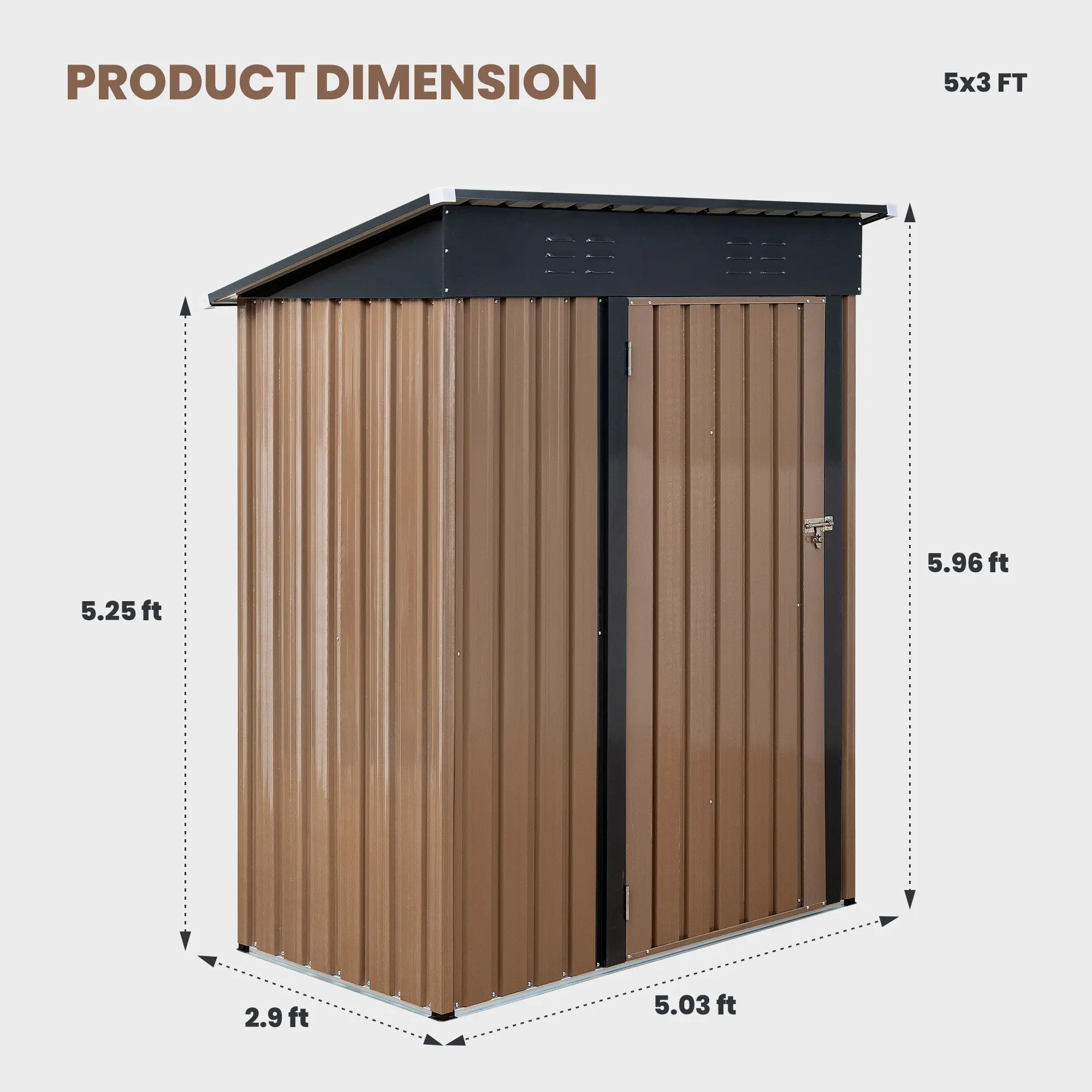 Caseta de almacenamiento metálica para exteriores de 6' x 8' con puerta con cerradura – Techo a dos aguas y acero galvanizado, color marrón