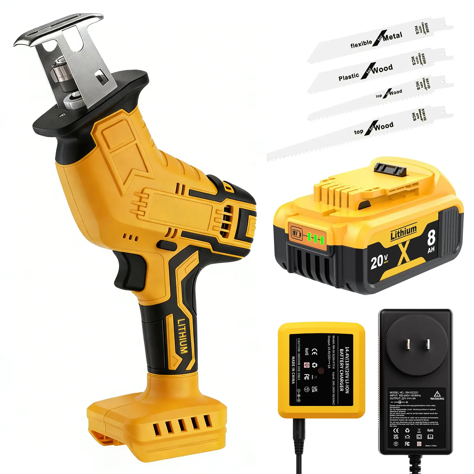Sierra recíproca compacta de una mano para baterías DeWalt 20V MAX: 3 velocidades variables, motor sin escobillas, cambio de hoja sin herramientas y 4 hojas de sierra para cortar metal, madera y PVC.
