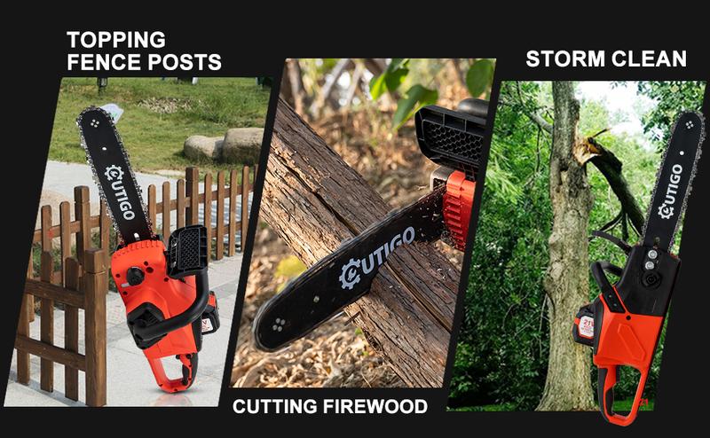 OUTIGO 21V Cordless Chainsaw with 2 Batteries 2 Chains Protective Gear and Charger Efficient Woodcutting Tool for Garden and Farm Use Heavy Duty Blade