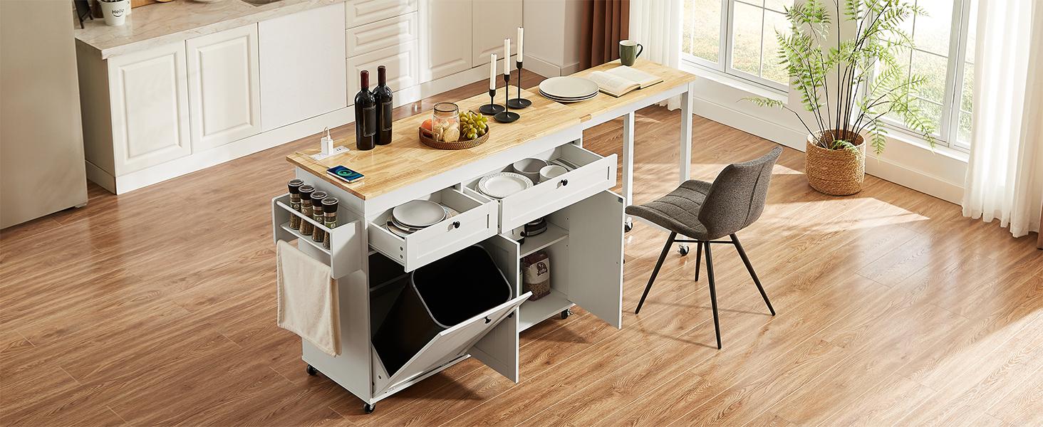 【SPRING GLOW UP】ONBRILL 60" / 81.7" Kitchen Island with Power Outlet & Drop Leaf, Kitchen Rolling Island with Spice Rack & Towel Rack, Knife Holder, Kitchen Island Cart with Trash Storage Cabinet, Mobile Island Table for Kitchen