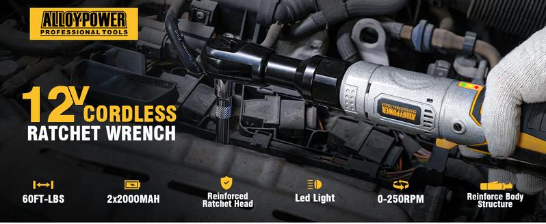 3/8" Cordless Ratchet Wrench Set, 60FT-LBS(80N.m) Electric Ratchet, 12V Extended Power Ratchet Wrench with Variable Speed, 6 Sockets, LED Light, 1/4" Adapter,1/2" Adapter,2 Batteries, Best Christmas and New Year Gift Ideas for Everyone