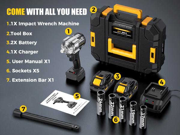 SOARFLY 1200NM (900FT-LBS) Cordless lmpact Wrench, For Automobiles, Trucks, 2x 4.0Ah Batteries, Fast Charger, 3000RPM, 5 Sockets & 1 Extension Bar SOARFLY 1200NM (900FT-LBS) Cordless lmpact Wrench, For Automobiles, Trucks, 2x 4.0Ah Batteries, Fast Charger, 3000RPM, 5 Sockets & 1 Extension Bar