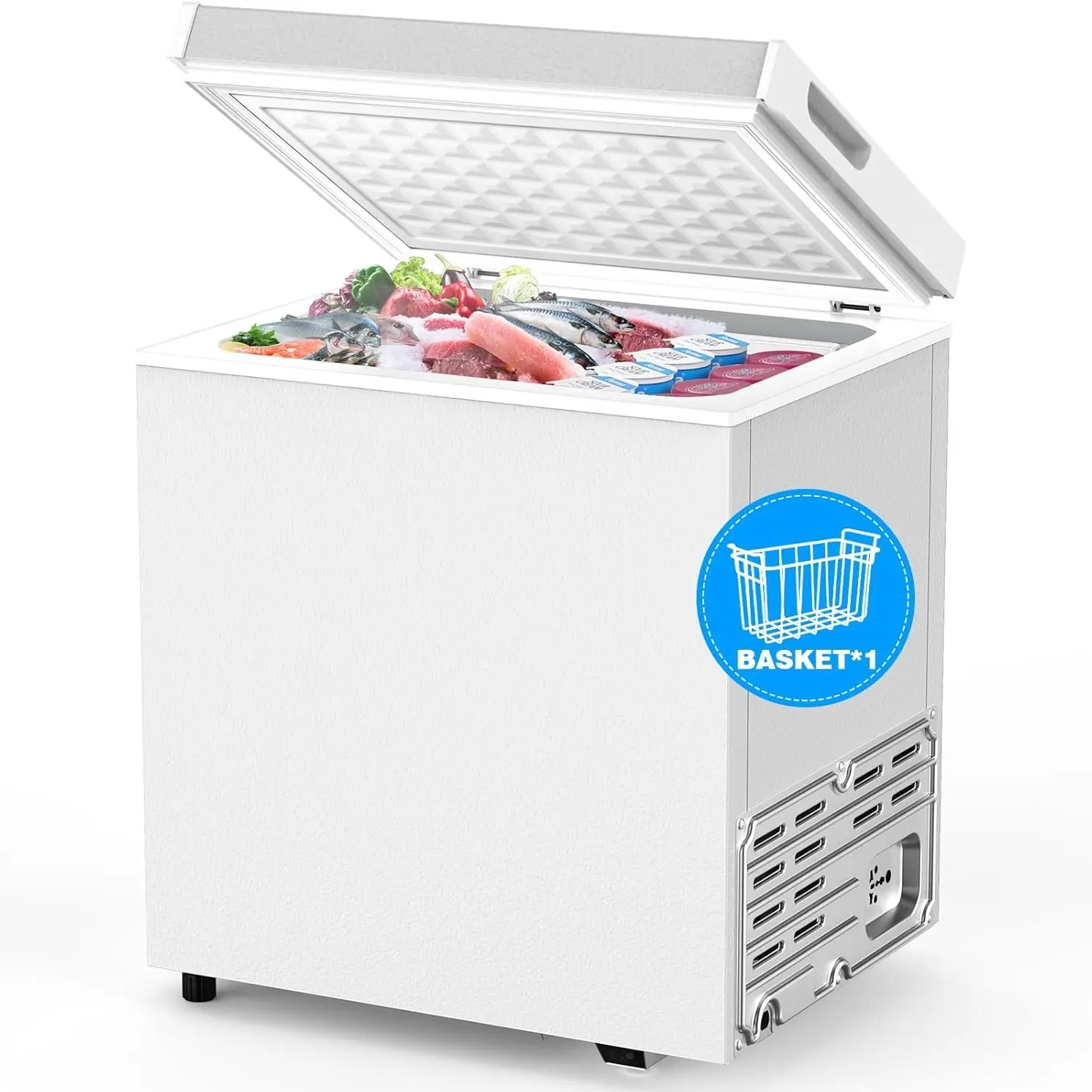 Congelador horizontal de 1.8 pies cúbicos con cesta extraíble y desagüe inferior para descongelación; de instalación independiente, con puerta de apertura superior. Congelador profundo, arcón congelador, almacenamiento en frío y conservación de alimentos.