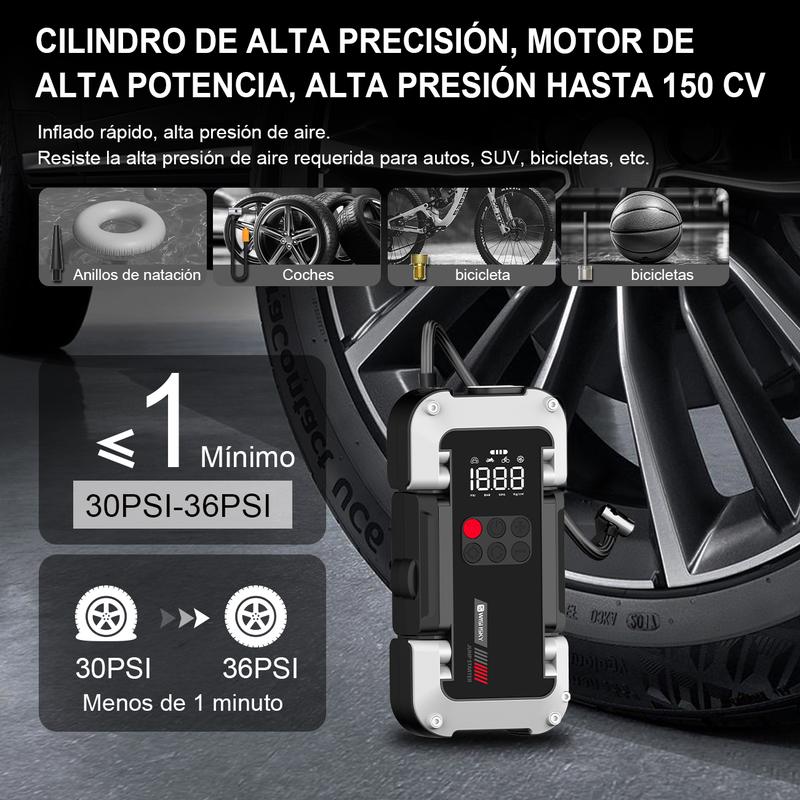 Arrancador de Batería Portátil 9000A con Inflador 150 PSI, Compresor y Cargador 12V 26800mAh