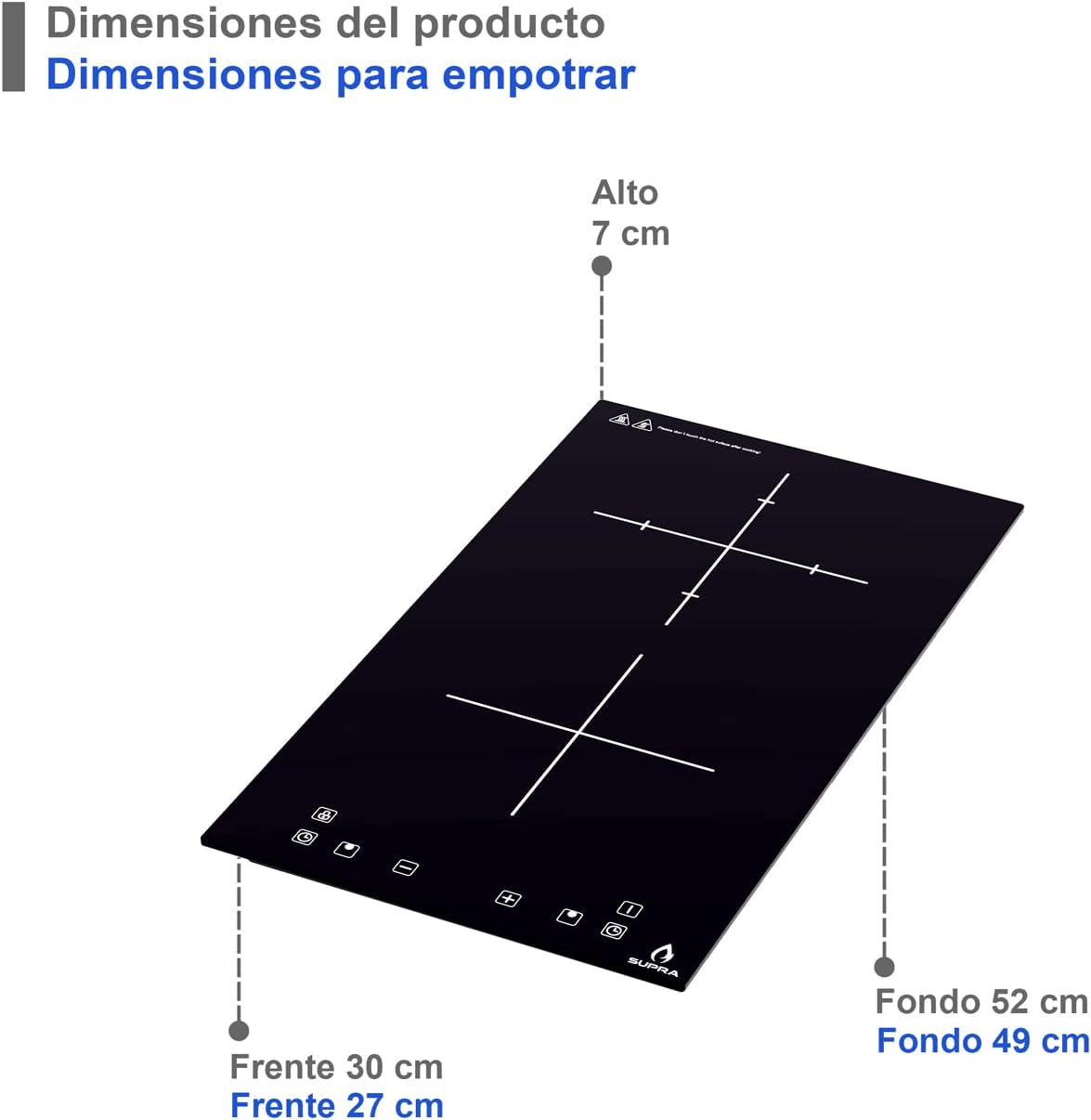 SUPRA Tricombo empotrable Grona, Parrilla a gas con 4 Q de 60 cm Mod. 4Q-EC-N, Parrilla eléctrica de inducción 2 Q Mod. DUE-V, Campana extractora tipo pared de 90 cm Mod. CC-90 BLACK