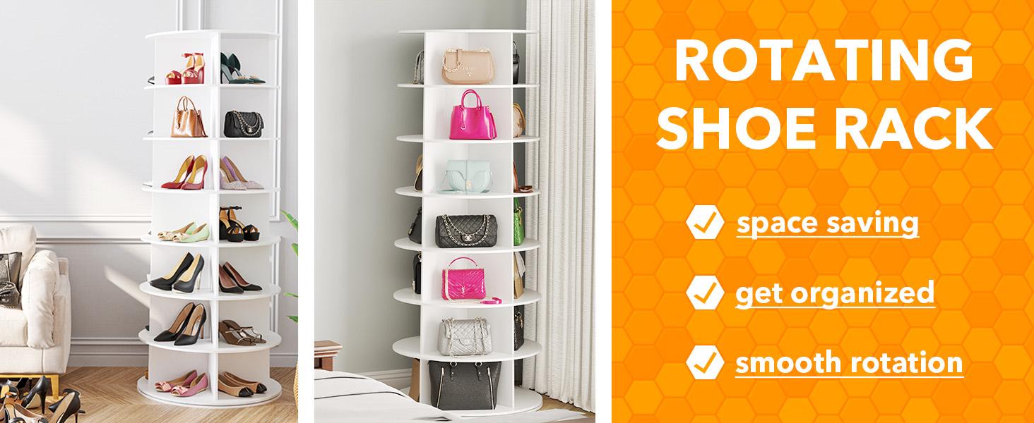 7 Tiers Rotating Shoe Rack Tower, 360° Spinning Shoe Rack, Revolving Storage Round Carousel Display, Freestanding Lazy Susan Organizer Display for Bedroom, Living Room, Entryway, Closet, White