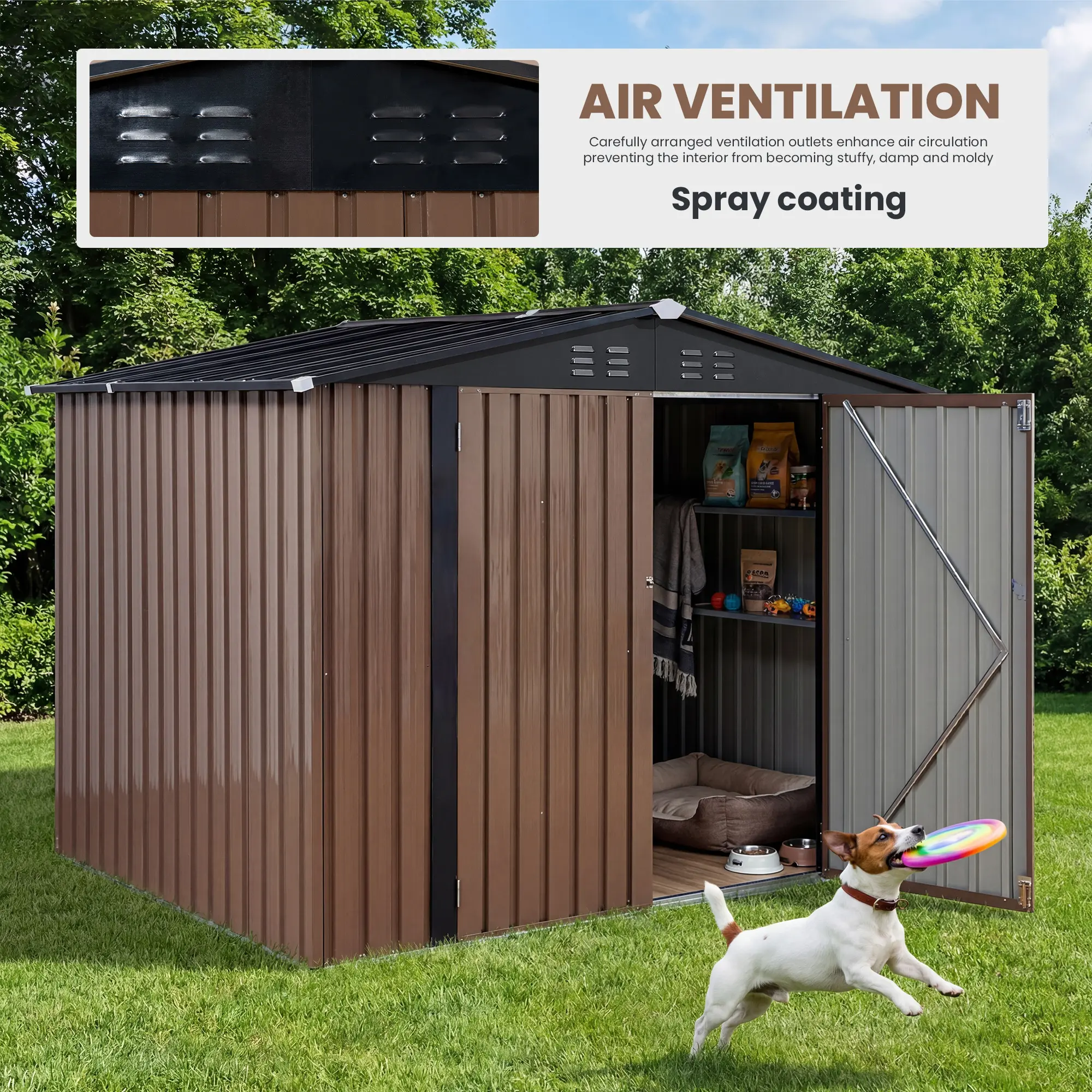 Caseta de almacenamiento metálica para exteriores de 6' x 8' con puerta con cerradura – Techo a dos aguas y acero galvanizado, color marrón