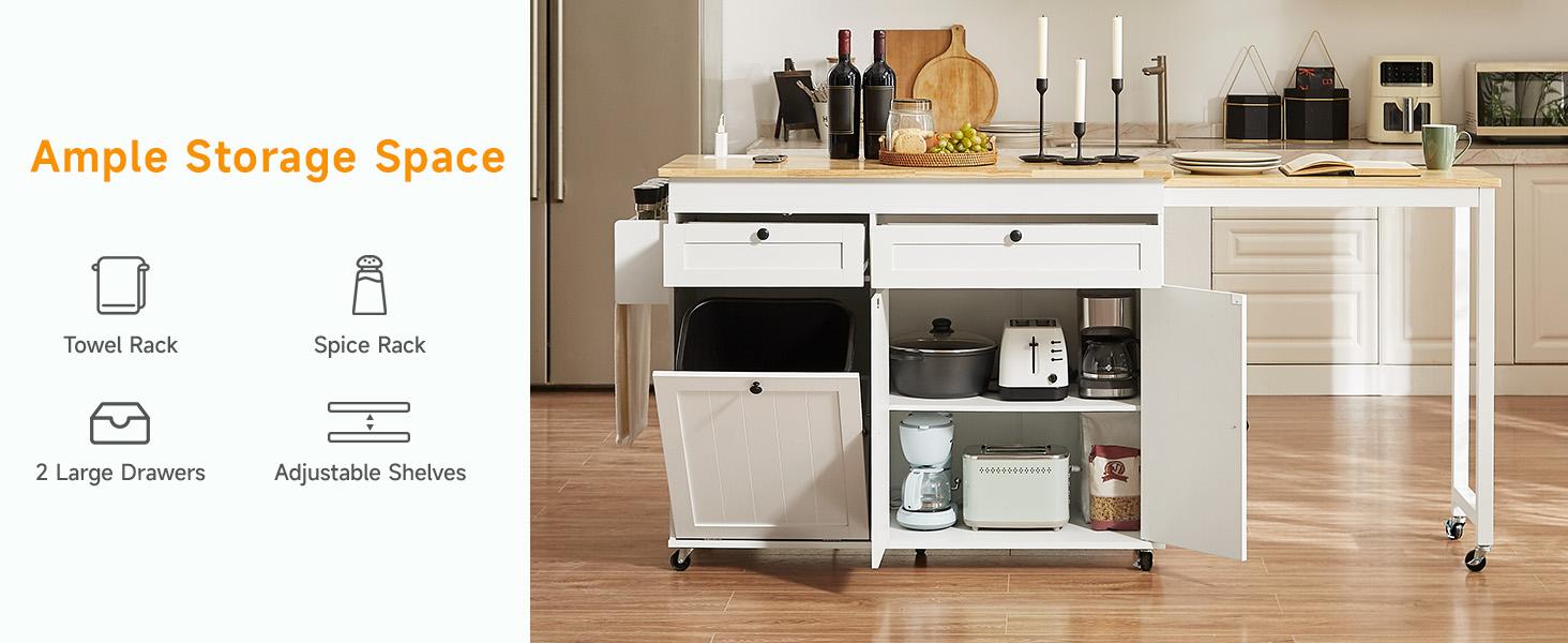【SPRING GLOW UP】ONBRILL 60" / 81.7" Kitchen Island with Power Outlet & Drop Leaf, Kitchen Rolling Island with Spice Rack & Towel Rack, Knife Holder, Kitchen Island Cart with Trash Storage Cabinet, Mobile Island Table for Kitchen