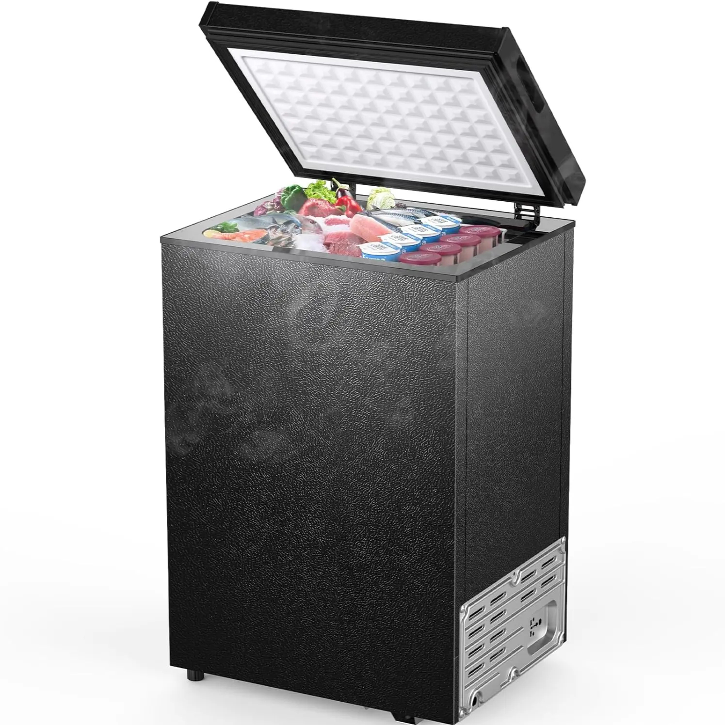 Congelador horizontal de 1.8 pies cúbicos con cesta extraíble y desagüe inferior para descongelación; de instalación independiente, con puerta de apertura superior. Congelador profundo, arcón congelador, almacenamiento en frío y conservación de alimentos.