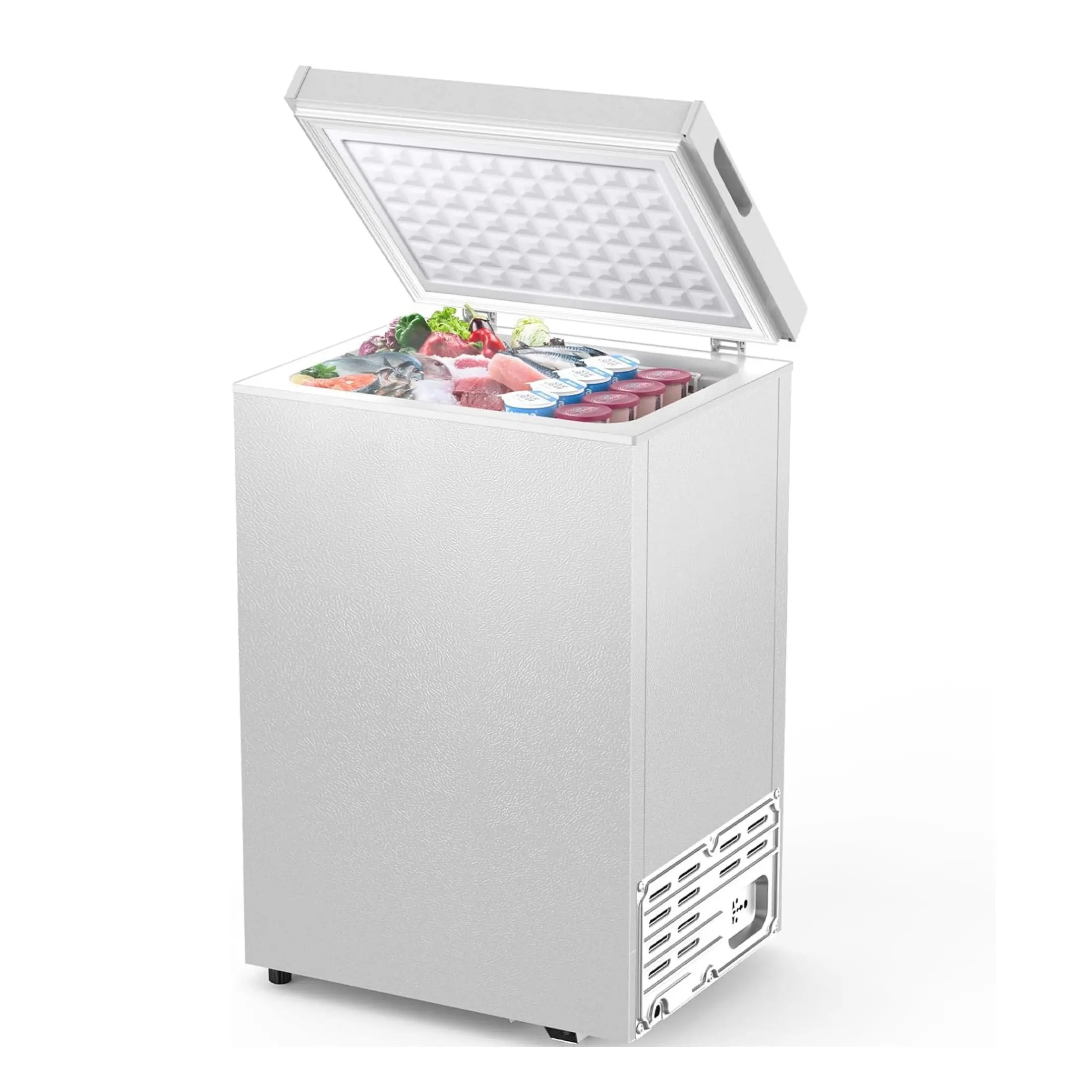 Congelador horizontal de 1.8 pies cúbicos con cesta extraíble y desagüe inferior para descongelación; de instalación independiente, con puerta de apertura superior. Congelador profundo, arcón congelador, almacenamiento en frío y conservación de alimentos.