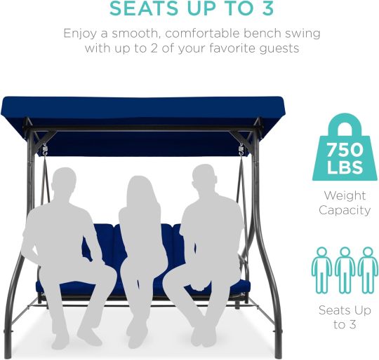 Best Choice Products Columpio con dosel convertible grande de 3 asientos para exteriores, hamaca para porche, patio trasero con cama plana, sombra ajustable, cojines extraíbles, color azul marino
